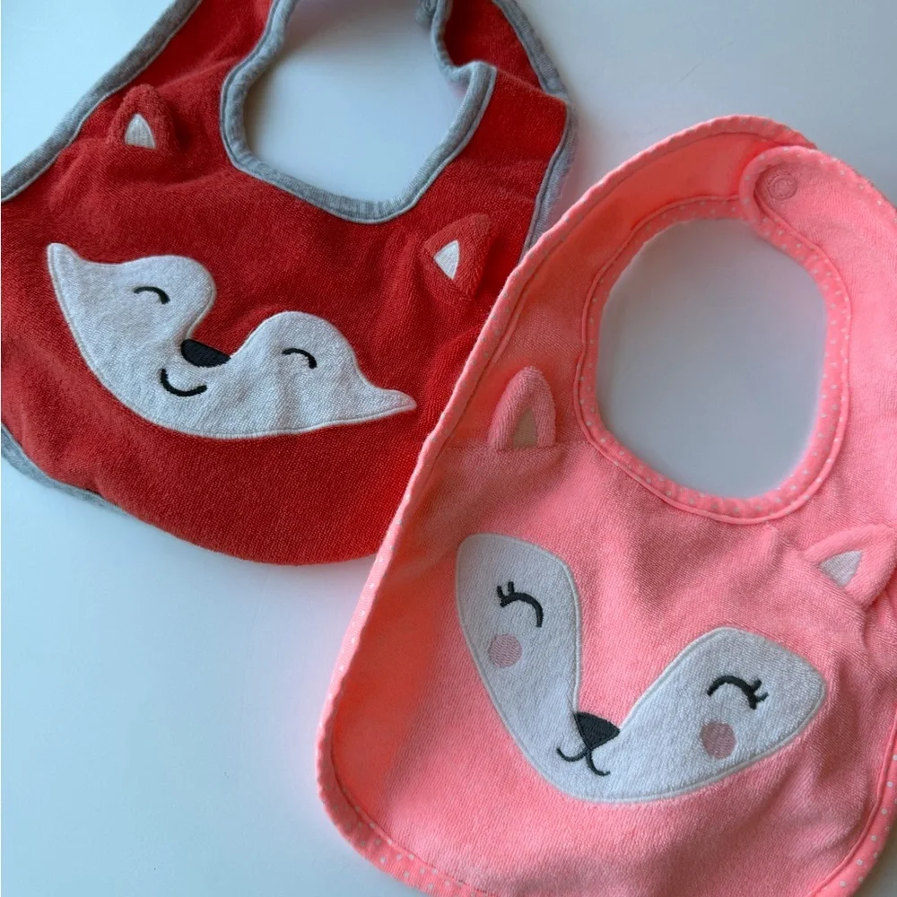 🦊Carter's Fox Baby Bib Set Orange and Pink Set of 2